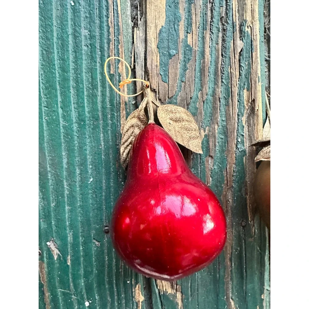 Vintage Marco Fruit Ornaments Set Red Apple Red Pear Gold Apple Hong Kong 3pc
